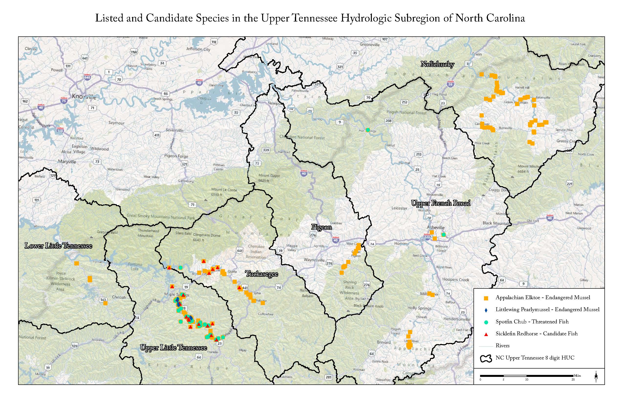 Map of Federally Listed Species within the UTRB in North Carolina