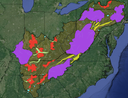 Depiction of conservation design for the Appalachian LCC with all five of the design elements - regional cores, local cores, regional linkages, valley and ridge linkages, and local build outs - combined.