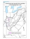 Distribution map of counties with a cave/mine occurrence for Southeastern myotis (Myotis austroriparius) within the Appalachian LCC region. 