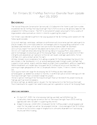 Tall Timbers SE FireMap Technical Oversite Team Update April 23, 2020